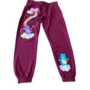 WOMENS Care Bear Sweat Pants Rainbow Embroidery Maroon Burgundy Joggers Large